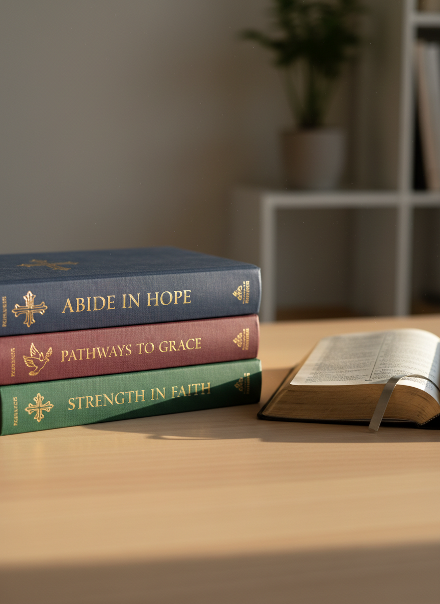 A neatly stacked trio of hardcover Christian books, each with elegant, gold-foiled titles and subtle cross and dove motifs embossed on rich navy, burgundy, and forest-green linen covers, rests on a smooth, light-oak desk. An open Bible lies nearby, its thin pages gently curved, with a simple silver bookmark glinting softly. Warm afternoon sunlight filters through an unseen window, casting gentle, elongated shadows and illuminating tiny dust particles in the air. Shot at eye level with a shallow depth of field, the books are in sharp focus while the background fades into a soft blur of neutral tones. The photographic realism and clean, modern composition create a calm, professional, faith-centered atmosphere suitable for a Christian publishing homepage hero image.