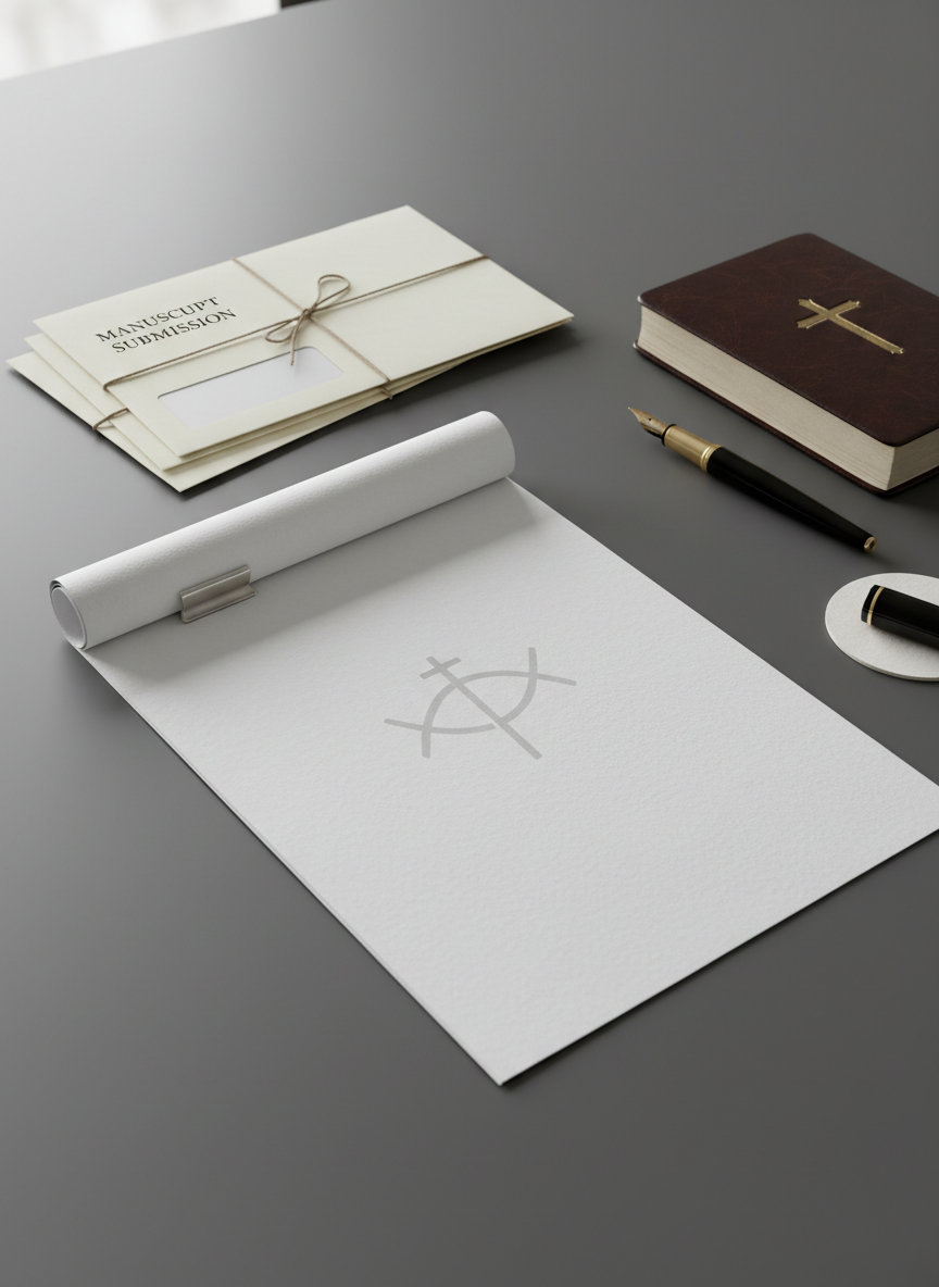 A single manuscript printed on crisp white paper, neatly clipped and centered on a charcoal-grey writing table, is surrounded by a classic fountain pen, a closed leather-bound journal, and a small stack of neatly organized submission envelopes. A subtle fish symbol and a cross watermark appear faintly on the manuscript’s title page. Soft overcast window light from the left creates diffused, shadowless illumination across the scene, emphasizing the texture of the paper and the matte finish of the table. Captured from a slightly elevated angle with a balanced, rule-of-thirds composition, the image feels orderly, inviting, and professional. The photographic style underscores the seriousness and openness of a Christian publisher currently accepting submissions, with a quiet, prayerful mood implied through the simplicity and restraint of the setting.