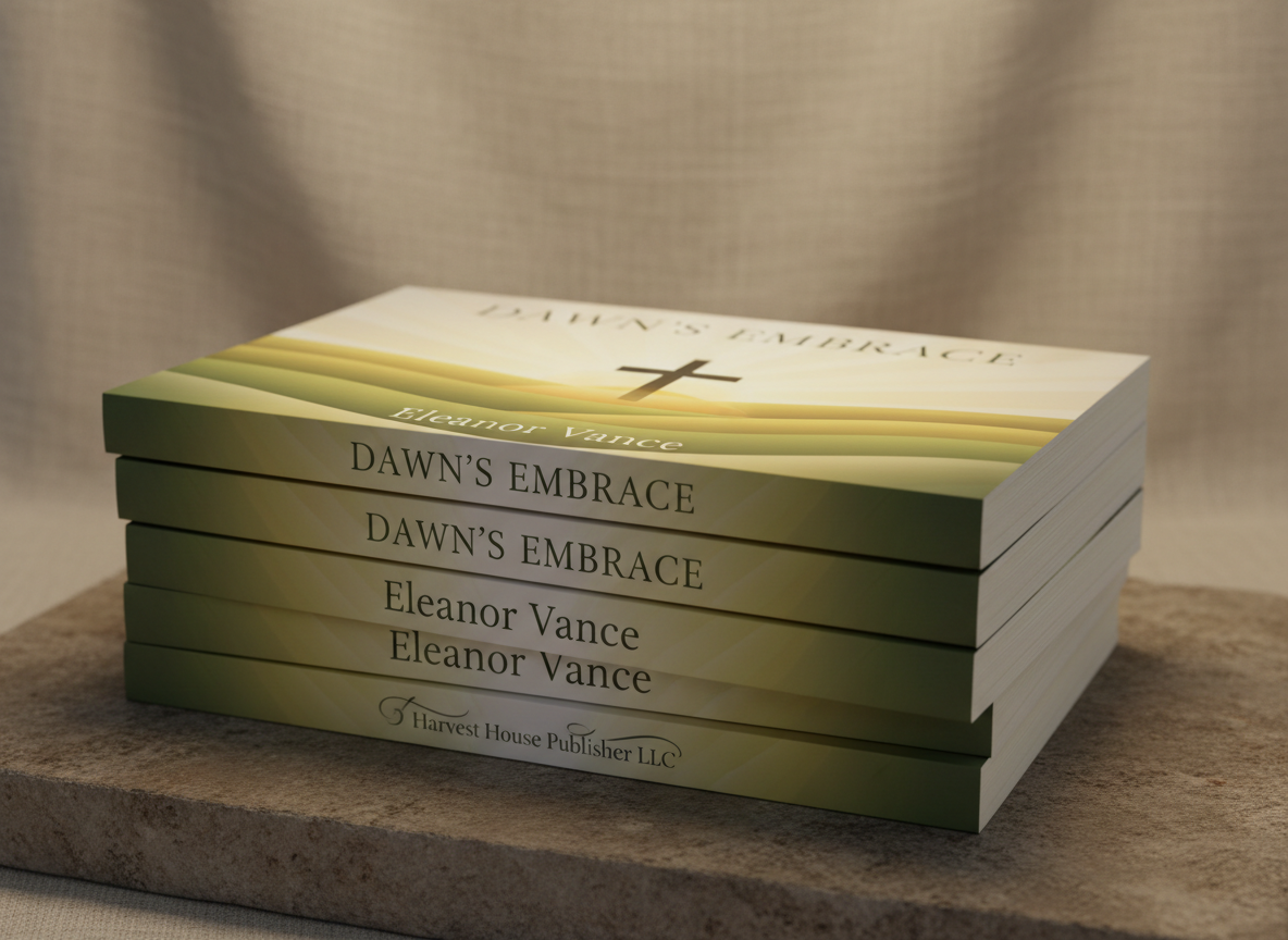 A carefully arranged stack of advance reader copies of a Christian novel sits on a stone-textured surface, each book featuring a serene cover illustration of a sunrise over gentle hills, subtly incorporating a cross-shaped negative space in the light. A simple, elegant “Harvest House Publisher LLC” imprint logo appears at the bottom of each cover. Behind the stack, a blurred backdrop of neutral linen fabric adds depth and softness. Warm studio lighting from above and slightly behind creates a delicate rim light along the top edges of the books, with softer fill light from the front ensuring legible titles and vivid, yet natural, colors. Photographed at a low, three-quarter angle with shallow depth of field, the mood is hopeful, anticipatory, and professional—ideal for showcasing new Christian fiction releases.