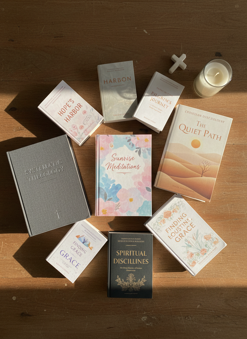 An array of Christian genre books—fiction and nonfiction—fans out across a rustic, medium-toned wooden tabletop. A devotional with a soft pastel cover, a theological volume in deep charcoal with subtle silver lettering, and a contemporary Christian novel featuring a minimalist landscape design create a visually varied spread. A small ceramic cross and a simple, unlit white candle sit in the upper corner, adding a gentle spiritual touch without dominating the scene. Golden hour light washes in from the right, creating warm highlights on the book covers and delicate shadows along their spines. Shot from directly above in a clean, photographic flat-lay style, the composition is carefully arranged yet natural, evoking a sense of thoughtful curation and depth within Christian publishing.