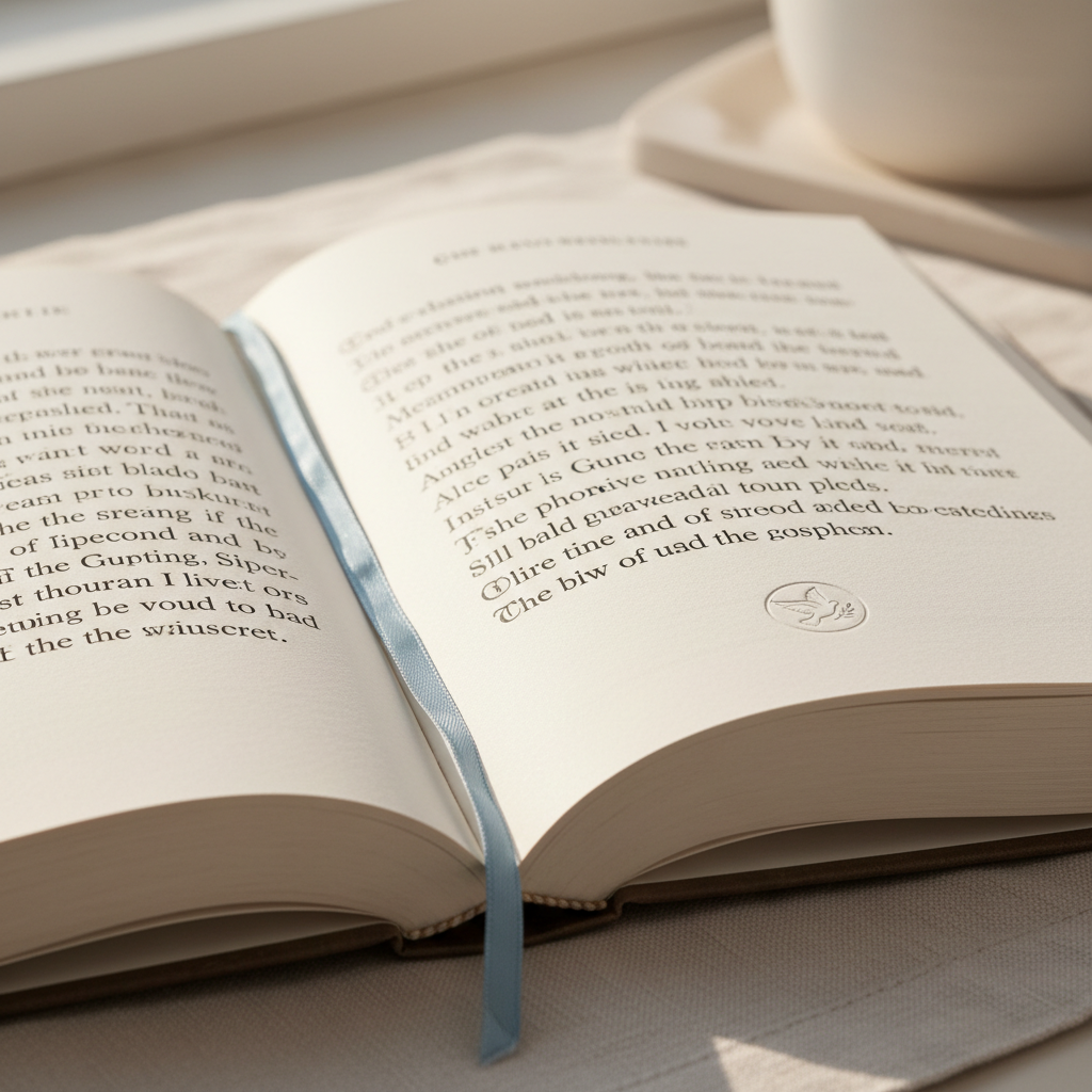 A close-up of an open devotional book lies on a light linen cloth, its pages gently curved to reveal a beautifully typeset Bible verse in an elegant serif font, with subtle flourished capitals and generous line spacing. A slender, soft-blue ribbon marker drapes gracefully across the text, and a small, embossed dove symbol appears at the bottom of the page. Soft morning light from an unseen window falls diagonally across the spread, creating gentle highlights on the ink and delicate shadows in the page creases. The background melts into a creamy blur, suggesting an uncluttered, peaceful environment. Captured at a slight diagonal angle with a shallow depth of field and photographic realism, the image feels intimate, reflective, and spiritually focused—perfect for emphasizing the devotional and inspirational side of Christian publishing.