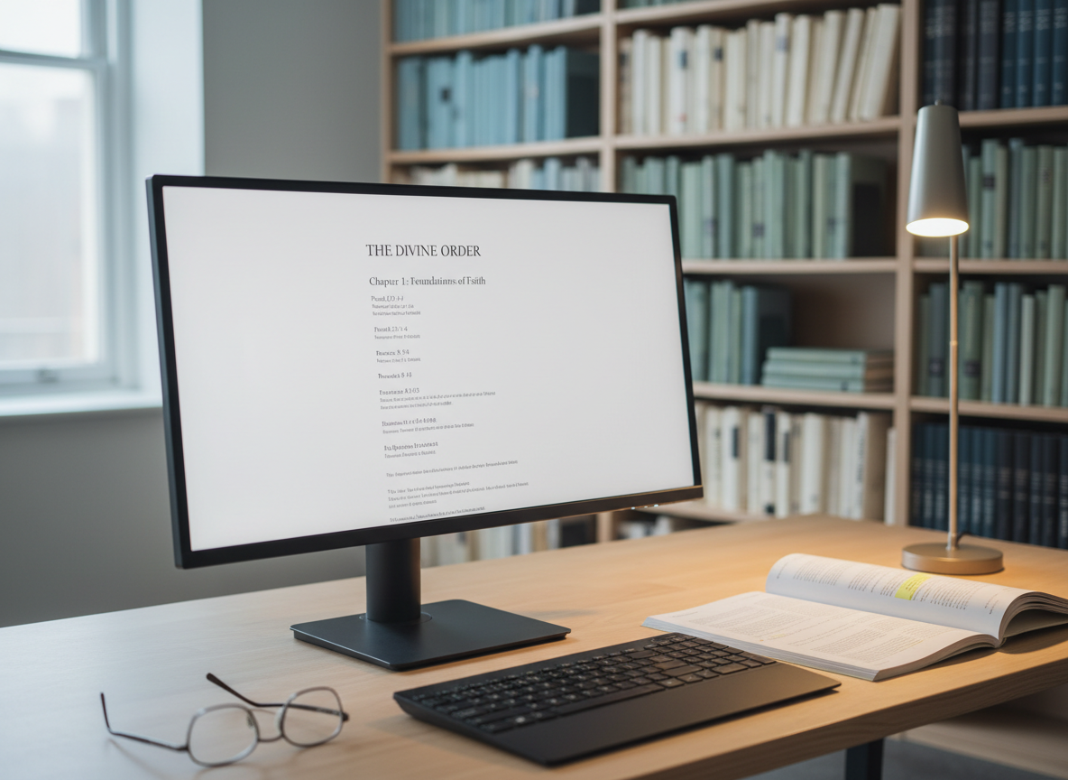 A modern publisher’s workspace features a large, ultrawide computer monitor displaying a clean page layout with chapter headings, scripture references, and footnotes in a professional serif font. Beside the monitor lies an open galley proof with margin marks and neatly highlighted passages. A slim, matte-black keyboard and a pair of reading glasses rest on a pale birch desktop. In the background, a blurred bookshelf holds rows of Christian titles in coordinated, muted tones. Cool daylight from a nearby window mixes with soft, warm desk-lamp light, producing balanced, neutral illumination. Captured at a three-quarter angle with medium depth of field, the central objects remain crisp while the shelves gently blur. The photographic realism and uncluttered, modern aesthetic communicate precision editing and a trustworthy, faith-aligned publishing process.